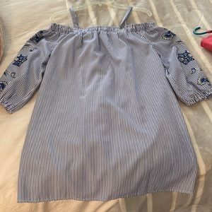 EUC worn 1x at a luau, blue & white off shoulder, puff sleeves, mini dress.